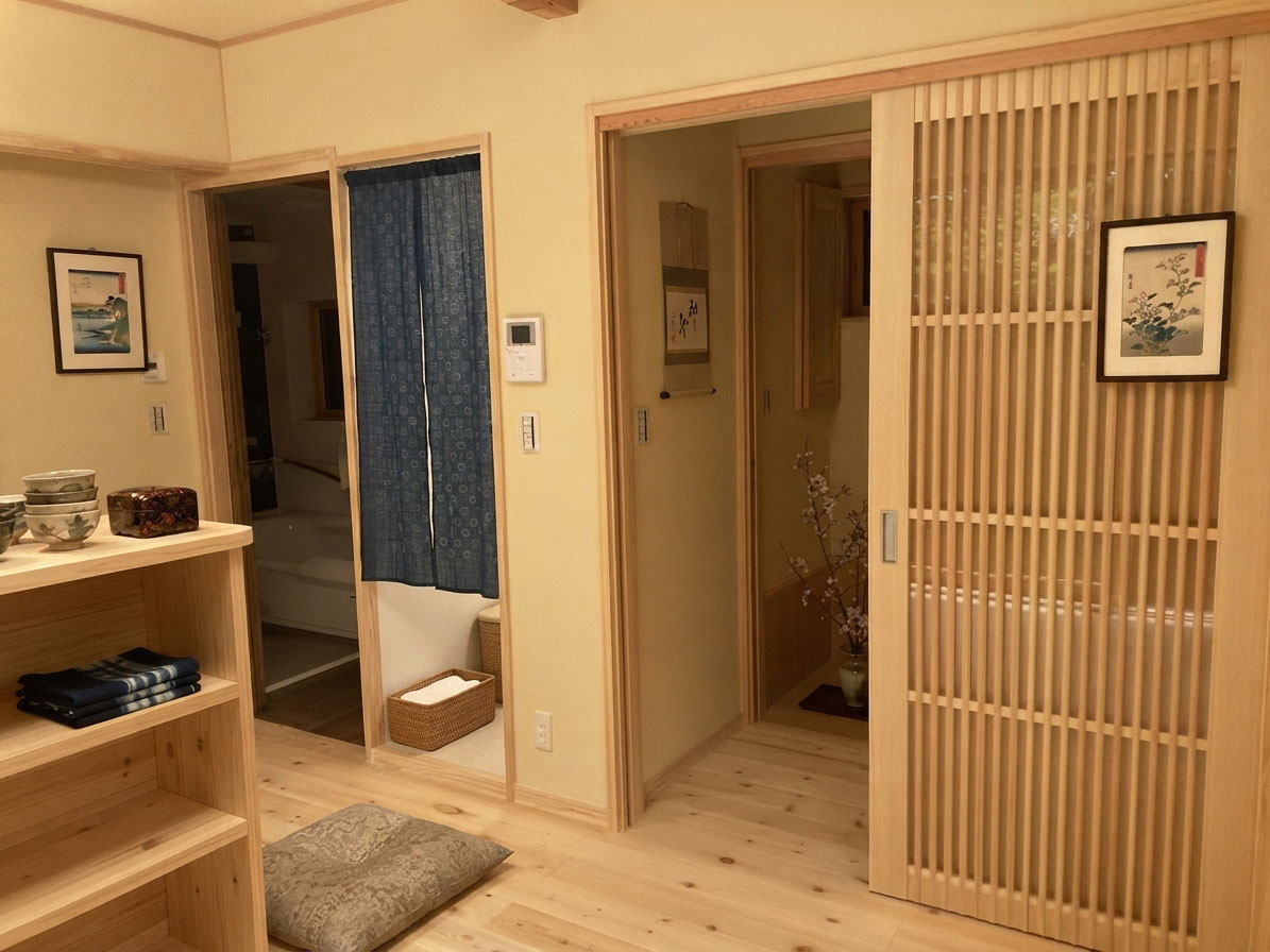 リビングの入り口は赤松の千本格子のオリジナル建具で片引き戸に