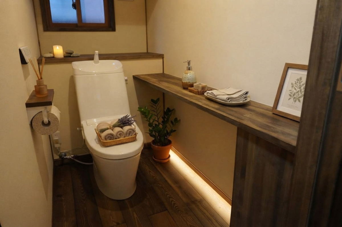 トイレも無垢材の赤松の床で統一　カウンター部分に信楽焼の手洗いボウルを設置